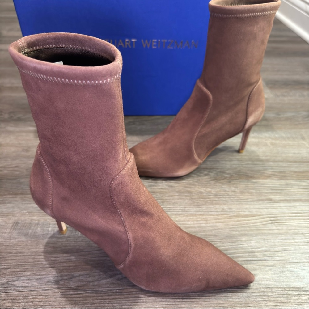 Stuart Weitzman 75 Stretch Bootie Taupe Suede Heeled Bootie Boots